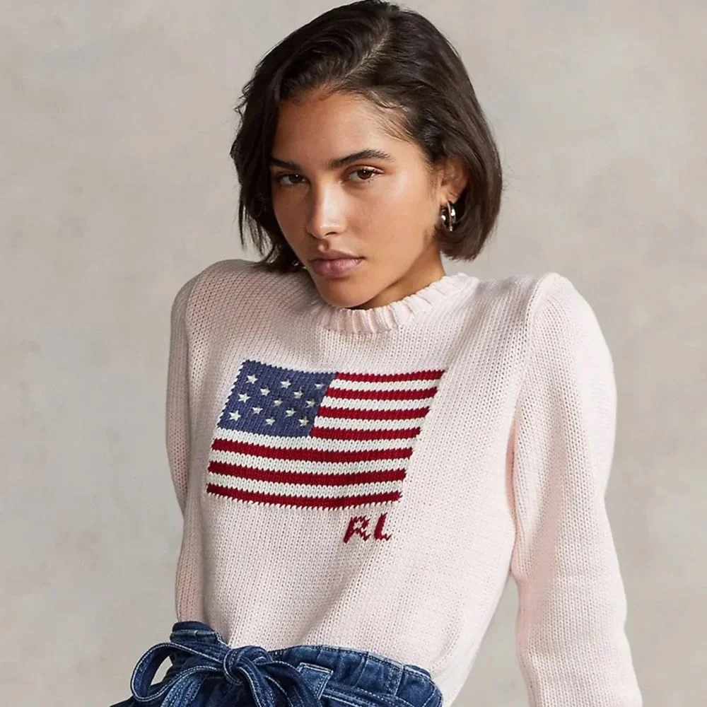 RARE Ralph Lauren Pink Pony American Flag Sweater USA Knit Crewneck - XS - Picture 1 of 7